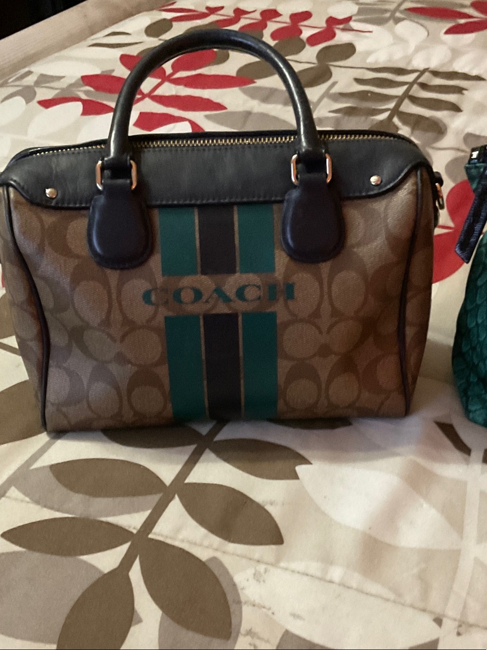 Coach Brown Signature Satchel with Green Stripes